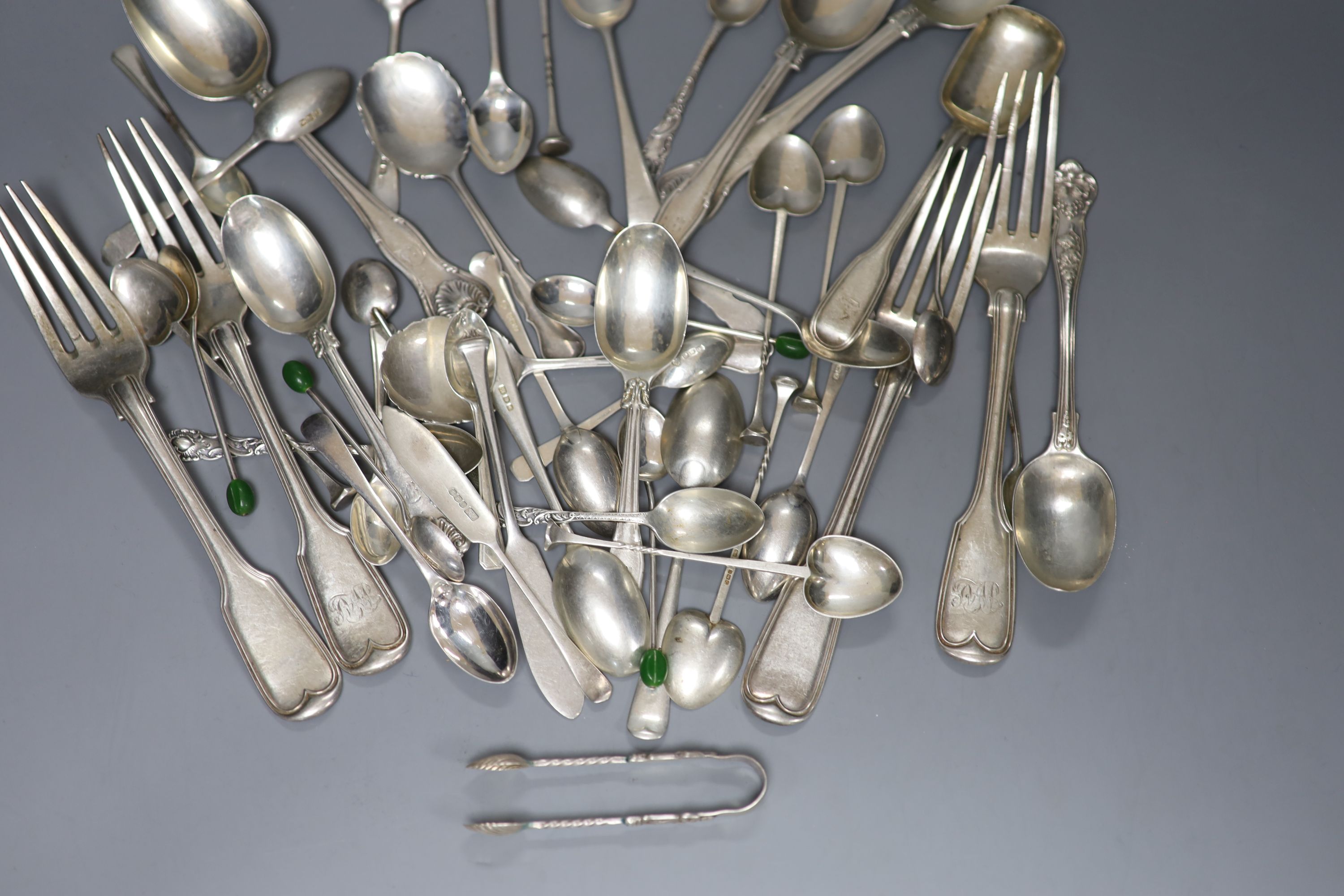 A quantity of assorted silver flatware including 19ct century table forks and dessert spoons and later teaspoons, coffee spoons etc
